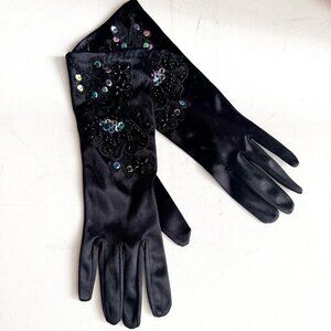 Vintage Black Satin Floral Beaded Embroidered Evening Gloves S